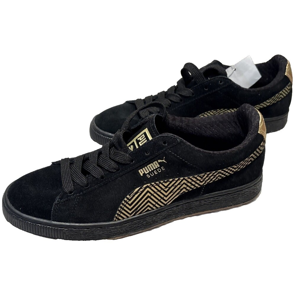 Puma Suede Sneakers Black Metallic Gold Chevrons Size 9.5 Lace Up Fashion NWOB